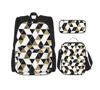 aacxzff Set di 3 pezzi per la scuola, alla moda, moderno, nero, bianco, oro, triangoli stampati, set per studenti: borsa scolastica, astuccio e borsa per il pranzo