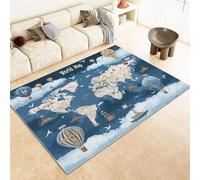 AAFUOO Tappeto per bambini, motivo mongolfiera con mappa del mondo blu, tappeto per soggiorno, tappeto per camera da letto, lavabile, antiscivolo, per camera da letto