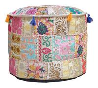 Aakriti Indian Pouf Footstool with Embroidery Pouf, Indian Cotton, Pouf, Ottoman Pouf Cover with Ethnic Decor Art - Cover (Beige, 46x33 CMS)