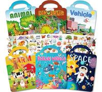 Aannanl 6 Set Stickers Bambini Attacca Stacca,Reusable Sticker Book,Giochi | Libro Adesivi Attacca e Stacca Riutilizzabile per i Viaggio, in Auto o in Aereo,Parte del Dinosaur,Animale - Gioco & Regalo