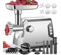 AAOBOSI #12 tritacarne, [3000 W Max], 3 velocità tritacarne elettrico carico pesante: 2 lame, 4 piastre, 3 riempitivi per salsicce, kibbe, clip per carne, pressa per hamburger (argento)