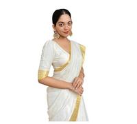 Aashita Creations - Sari Chanderi da donna in cotone con camicetta non cucita (bordo bianco dorato), bianco, Etichettalia unica