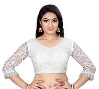 Aashita Creations Women's Readymade Embroidery Net Wedding Saree Free Size Blouse_White_1164