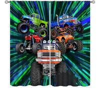AAVEUP Tende decorative per bambini, motivo: Monster Truck 3D, motivo graffiti con luce verde abbagliante, 106,7 x 114,3 cm, con fiamma, buggy Bigfoot, per cameretta dei bambini, soggiorno, 106,7 x