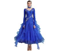 AAYXIN Abito da Ballo da Competizione da Donna Abito da Tango Valzer Moderno Abito da Ballo a Maniche Lunghe Flash Strass Performance Dance Dress,Blu,XXL