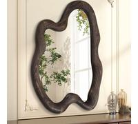 AAZZKANG Grande specchio da parete vintage con cornice in legno, specchi irregolari da appendere, 70 x 50 cm, asimmetrico, per bagno, camera da letto, soggiorno, ingresso, marrone