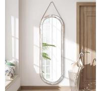 AAZZKANG Specchio ovale da appendere con cinturino in pelle, grande, 110 x 35 cm, con cornice in legno rustico, specchio a figura intera, per camera da letto, soggiorno, ingresso, spogliatoio, bianco