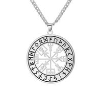 AB Viking Crafts Ciondolo in acciaio inox Vegvisir bussola vichinga nel cerchio rune con catena in scatola portagioielli | Protezione Forza Orientamento, 38x35 cm Kette 60 cm, Acciaio inossidabile