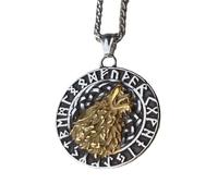 AB Viking Crafts Ciondolo vichingo in acciaio inox (4 cm, argento), testa di lupo nel cerchio runico, retro Vegvisir, catena in acciaio inox da 60 cm, in sacchetto portagioie, protezione della