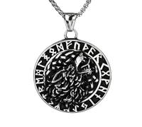 AB Viking Crafts Ciondolo vichingo in acciaio inox (4 cm, argento), testa di lupo nel cerchio runico, retro Vegvisir, catena in acciaio inox da 60 cm, in sacchetto portagioie, protezione della