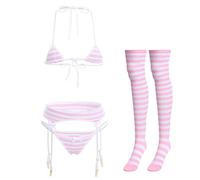 ABAFIP Donne Carino Kawaii Anime Lingerie Set Halter Strap Micro Reggiseno Piccolo Panty Giarrettiera Cintura Calze A Righe 4 Pz Biancheria Intima, Rosa, taglia unica