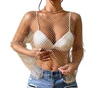 ABAFIP Top Corto da Donna con Strass Scintillanti, a Maniche Lunghe, in Rete, per Bikini, Camicie a Rete, Oro, L