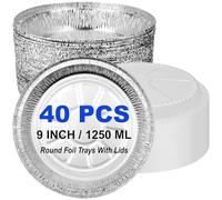 Abaigeal Confezione da 40 vassoi rotondi in alluminio da 22,9 cm con coperchi trasparenti, contenitori per alimenti usa e getta da 1250 ml, rotondi in alluminio, per feste, cottura, conservazione