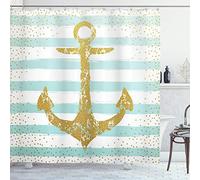 ABAKUHAUS Ancora Tenda da Doccia, Marine Golden Anchor, Tessuto Set di Decorazioni per il Bagno con Ganci, per la vasca da bagno, 175 cm x 240 cm, Pale Blue Bianco