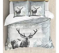 ABAKUHAUS Antlers Set Copripiumino, Stag Silhouette Grunge, 3 Pezzi con 2 Federe Cuscini, 200 x 200 cm - 80 x 80 cm, Grigio Nero