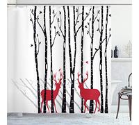 ABAKUHAUS Antlers Tenda da Doccia, Cervo Albero dell'uccello della foresta, Tessuto Set di Decorazioni per il Bagno con Ganci, per la vasca da bagno, 175 x 240 cm, Nero Bianco Rosso