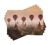 ABAKUHAUS Asiatico Piazza stuoie, Hot Air Balloon sopra il livello Bagan mattina nebbiosa Birmania famoso patrimonio, pranzo Cucina Decorazione Della Tavola stampa digitale, arancione cannella
