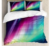 ABAKUHAUS Aurora boreale Set Copripiumino, Starry Night Foto, Decorativo, 3 Pezzi con 2 Fodere Cuscini, 264 x 220 cm - 70 x 50 cm, Verde Viola Rosa