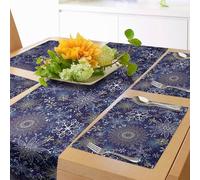 ABAKUHAUS Blu scuro Servizio all'Americana 4 Pezzi, Fiocchi di neve di Natale Art, Rettangolare Decorativo per Sala da Pranzo Cucina, 40 cm x 180 cm, Blu Scuro Bianco