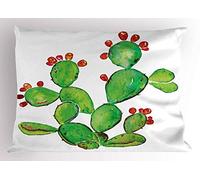 ABAKUHAUS Cactus Federe Cuscini Stampata, Ripe Frutta Fico d'India, Decorativo e Dimensioni Standard, 90 cm x 50 cm, Verde e Vermilion