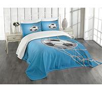 ABAKUHAUS Calcio Set Copriletto Trapuntato, Obiettivo palla in rete, Decorativo, 3 Pezzi con 2 Federe Cuscini, 220 x 220 cm, Nero Grigio Chiaro Blu