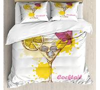 ABAKUHAUS Cocktail Party Set Copripiumino, Vodka Martini Lemon, Arredamento del Letto 3 Pezzi con 2 Fodere Cuscini, 200 x 200 cm - 70 x 50 cm, Giallo Rosa Pallido Grigio