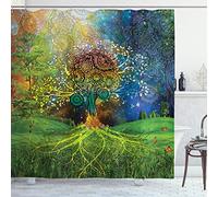 ABAKUHAUS etnico Tenda da Doccia, Tema Madre Terra, Tessuto Set di Decorazioni per il Bagno con Ganci, 175 x 200 cm, Verde Blu