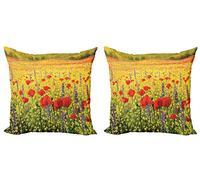 ABAKUHAUS Fiore Federe Cuscini Set di 2, Campo con Papaveri Farm, Stampa Digitale Fronte-Retro con Accento Moderno, 50 cm x 50 cm, Giallo Verde Rosso