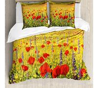 ABAKUHAUS Fiore Set Copripiumino, Campo con Papaveri Farm, 3 Pezzi con 2 Federe Cuscini, 200 x 200 cm - 80 x 80 cm, Giallo Verde Rosso