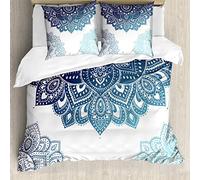 ABAKUHAUS Flora Set Copripiumino, Colorato Vibrante Mandala, 3 Pezzi con 2 Federe Cuscini, 200 x 200 cm - 80 x 80 cm, Pale Blue Blu Scuro