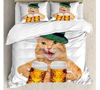 ABAKUHAUS Gatto Set Copripiumino, Cool Cat Hat Beer Mug Divertente, Arredamento del Letto 3 Pezzi con 2 Federe Cuscini, 220 x 220 cm - 75 x 50 cm, Multicolore