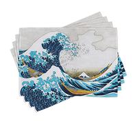 ABAKUHAUS Hokusai Set da tavola, La Grande Vague de Kanagawa Composizione Folklorique de la Mythologie Orientale Thème, Décoration de Table en Tissu Lavable Impression Numérique, Bleu Noix de Coco