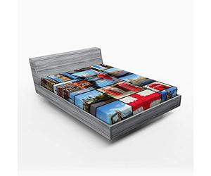 ABAKUHAUS Inghilterra Lenzuolo con Angoli, Città Luoghi di Interesse Floreale, Comodo e Morbido Tessuto Decorativo da Letto Tasca Elastica a Tutto Tondo, 140 cm x 200 cm, Blu Rosso