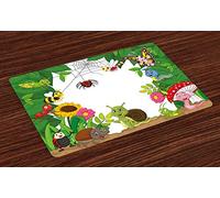 ABAKUHAUS Kindergarten Piazza stuoie, felice piccole farfalle insetti insetti fumetti bruchi libellule Ragnatela, al colore per la sala da pranzo e cucina, Multicolore Verde