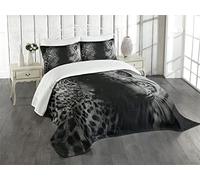 ABAKUHAUS Leopardo Set Copriletto Trapuntato, leopardi selvatici, Decorativo, 2 Pezzi con 1 Federe Cuscini, 170 x 220 cm, Bianco Nero Blu