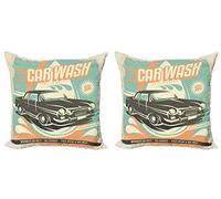 ABAKUHAUS Macchine Federe Cuscini Set di 2, Retro Car Wash poster, Stampa digitale fronte-retro con cerniera, 60 x 60 cm, Arancione chiaro Turchese