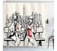 ABAKUHAUS Musica Tenda da Doccia, Battiti a New York Notte, Tessuto Set di Decorazioni per il Bagno con Ganci, per la vasca da bagno, 175 x 220 cm, Rosso Nero Ecru