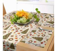ABAKUHAUS Natale Servizio all'Americana 4 Pezzi, Cartoon Trees Bells, Rettangolare Decorativo per Sala da Pranzo Cucina, 40 cm x 180 cm, Verde oliva guscio d'uovo