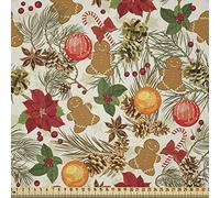 ABAKUHAUS Natale Tessuto a Metraggio, Vivid colorato Xmas, Tessuto in Microfibra per Arti e Mestieri, 1M (230x100cm), Beige Marrone Rosso