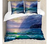 ABAKUHAUS Natura Set Copripiumino, Ocean Mattina Montagna, Arredamento del Letto, 3 Pezzi con 2 Federe Cuscini, 155 x 200 cm - 80 x 80 cm, Lilla Teal