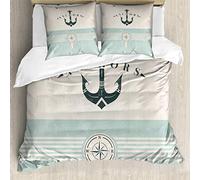 ABAKUHAUS Nautico Set Copripiumino, Marine Anchor Vintage, 3 Pezzi con 2 Federe Cuscini, 200 x 200 cm - 80 x 80 cm, Seafoam Nero Beige