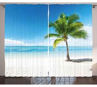 ABAKUHAUS Paesaggio Tenda, Mare Oceano Palme, Casa Arredamento Elemento Distintivo Due Pannelli Set, 280 x 245 cm, Verde Bianco