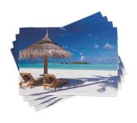 ABAKUHAUS Paysage Sets de table, Île Caraïbes Lune de miel Thème Plage Mer Océan Imprimé, Décoration de table en tissu grand teint pour la salle à manger et la kitchen, Turquoise clair et blanc