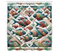 ABAKUHAUS Pescare Tenda da Doccia, Mosaico geometrico di metà secolo, Tessuto Set di Decorazioni per il Bagno con Ganci, 175 x 200 cm, Turchese Verde Vermiglio