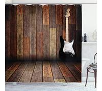 ABAKUHAUS Popstar partito Tenda da Doccia, Chitarra Camera di legno, Tessuto Set di Decorazioni per il Bagno con Ganci, per la vasca da bagno, 175 cm x 180 cm, Marrone Nero Bianco