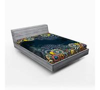 ABAKUHAUS Psichedelico Lenzuolo con Angoli, Mandala Paisley, Comodo e Morbido Tessuto Decorativo da Letto Tasca Elastica a Tutto Tondo, 140 x 200 cm, Blu Giallo