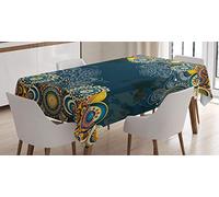 ABAKUHAUS Psichedelico Tovaglia, Mandala Paisley, Rettangolare per Sala da Pranzo e Cucina, 140 x 200 cm, Giallo Blu