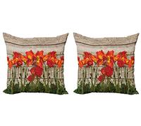 ABAKUHAUS Rustico Federe Cuscini Set di 2, Blooming Flowers Poppy, Stampa digitale fronte-retro con cerniera, 40 x 40 cm, Arancione Marrone