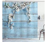 ABAKUHAUS Rustico Tenda da Doccia, Rami fiori di primavera, Tessuto Set di Decorazioni per il Bagno con Ganci, per la vasca da bagno, 175 cm x 180 cm, Bianco Pale Blue