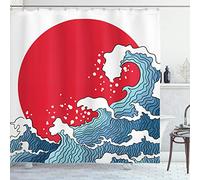 ABAKUHAUS Saluto giapponese Tenda da Doccia, Red Sun Tsunami, Tessuto Set di Decorazioni per il Bagno con Ganci, 175 x 200 cm, Rosso Blu Bianco